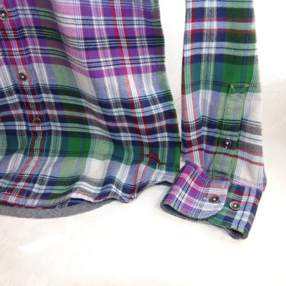 Tommy Bahama Plaid Tencel Blend Montauk Flannel Purple Plaid XS Metal Buttoned - Picture 8 of 15